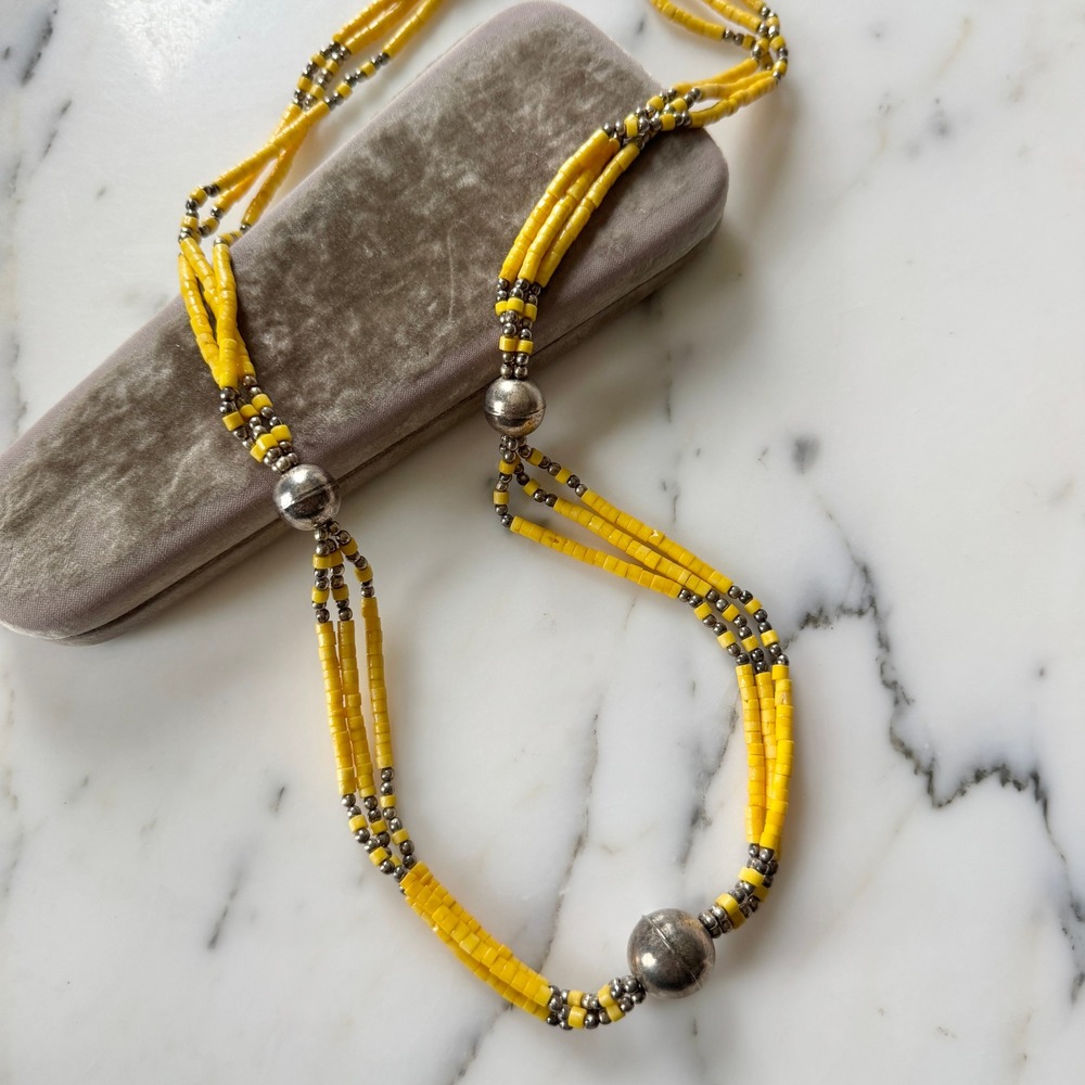 Vintage 1970s Yellow & Silver Beaded Statement Necklace Long Festival Boho - Picture 6 of 9